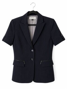 Tahari Arthur S Levine Chic Black Pinstripe | Short Sleeve | Notch-Lapel Blazer